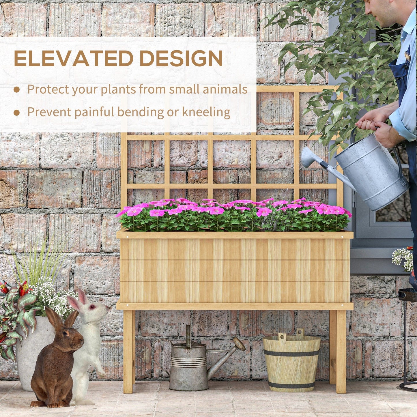 Outsunny 45 x 105cm Wooden Garden Planter, with Trellis - Natural