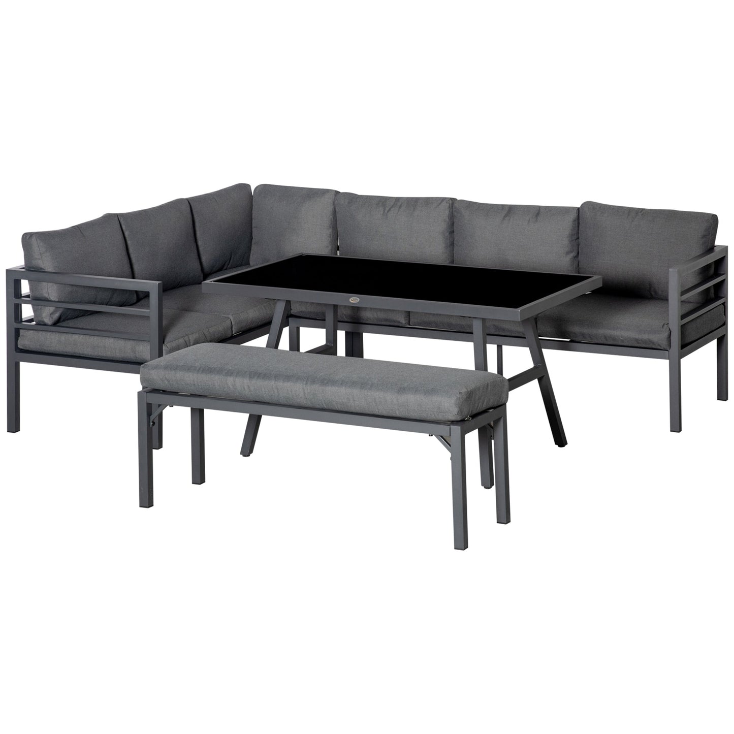 Outsunny\'c2\'a04\'c2\'a0Piece\'c2\'a0L-shaped Garden Furniture Set 8-Seater Aluminium Outdoor Dining Set Conversation Sofa Set w/ Bench, Dining Table & Cushions,\'c2\'a0Grey