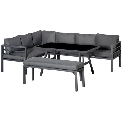 Outsunny\'c2\'a04\'c2\'a0Piece\'c2\'a0L-shaped Garden Furniture Set 8-Seater Aluminium Outdoor Dining Set Conversation Sofa Set w/ Bench, Dining Table & Cushions,\'c2\'a0Grey