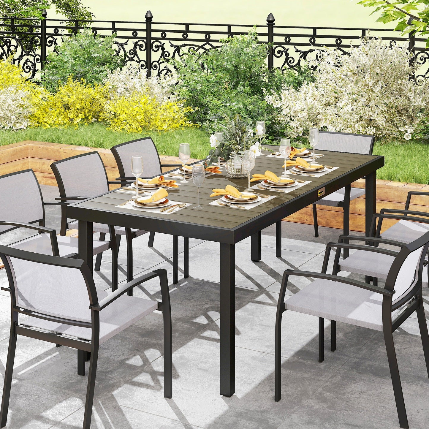 Outsunny Aluminium Outdoor Garden Dining Table for 8 People, Faux Wood Top, for Garden, Patio, 190 x 90 x 74cm, Brown