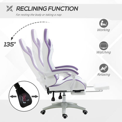 Vinsetto Computer Gaming Chair, PU Leather Desk Chair with Footrest, Swivel Task Chair with 135\'c2\'b0 Reclining Back and Lumbar Support, PC Chair for Adults, White and Purple
