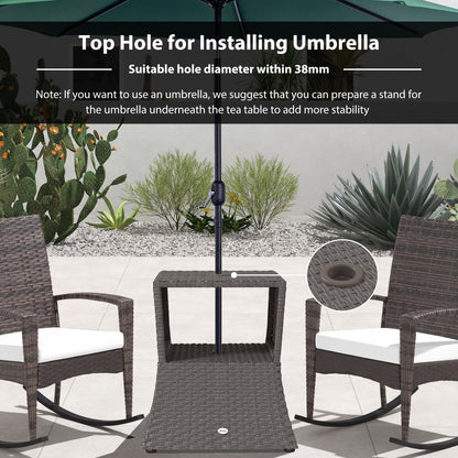 Outsunny Rattan Outdoor Coffee Table, Wicker Garden Patio Bistro Side Table with Umbrella Hole and Storage Space, Dark Grey