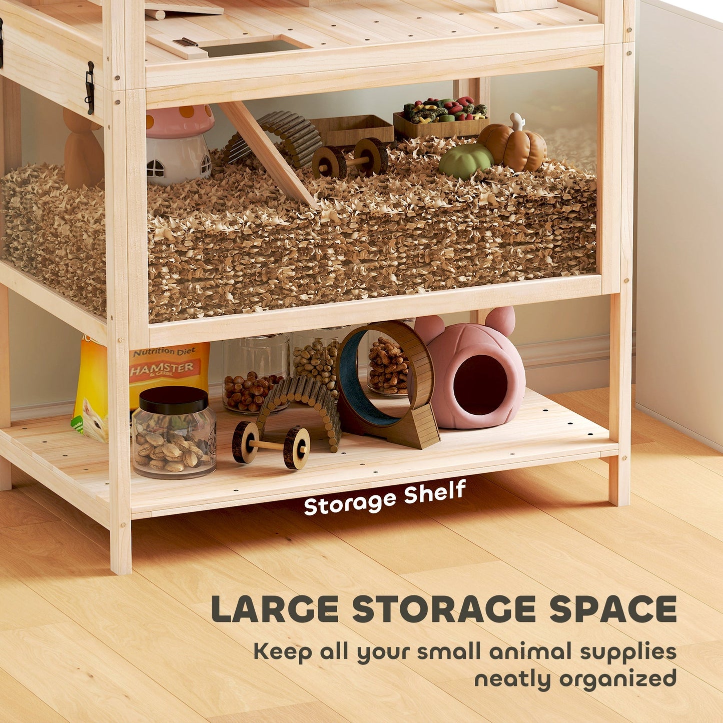 PawHut Wooden Hamster Cage with Detachable Lower Floor, Storage Shelf, Hut, Seesaw, Exercise Wheel, Ramps for Hamster