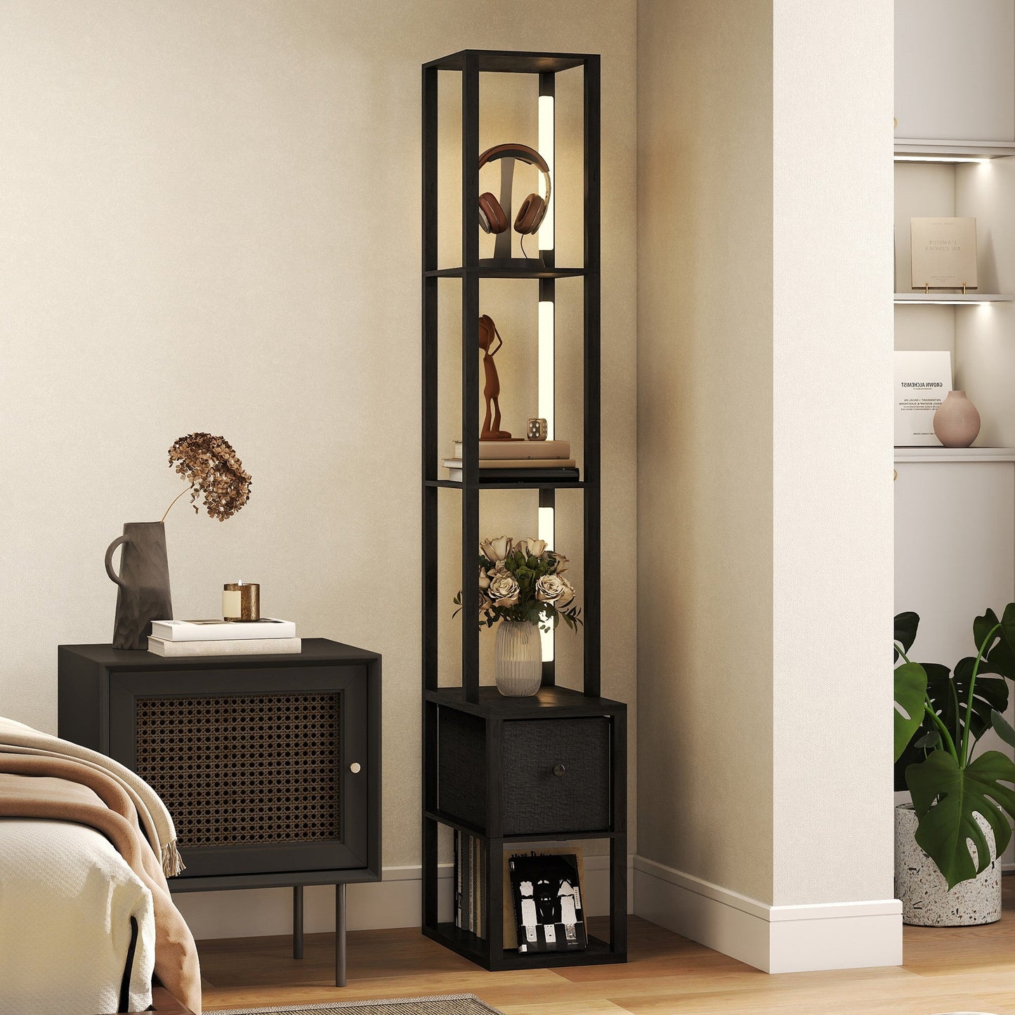 HOMCOM Floor Lamp with Shelves, LED Column Modern Standing Lamp with Fabric Drawer, Adjustable Brightness, Foot Switch for Living Room, Bedroom, Office, Black