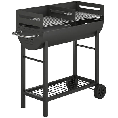 Outsunny Charcoal Barbecue Grill with 2 Cooking Areas, Portable BBQ Trolley with Wheels, Height Adjustable Grates, Bottom Shelf