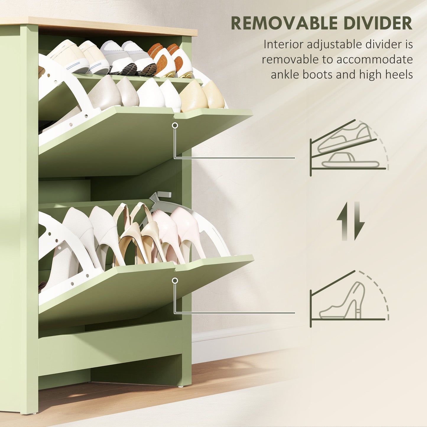 HOMCOM Slim Shoe Cabinet, Narrow Shoe Cupboard with 2 Flip Drawers, Adjustable Shelves for 12 Pairs of Shoes, Green