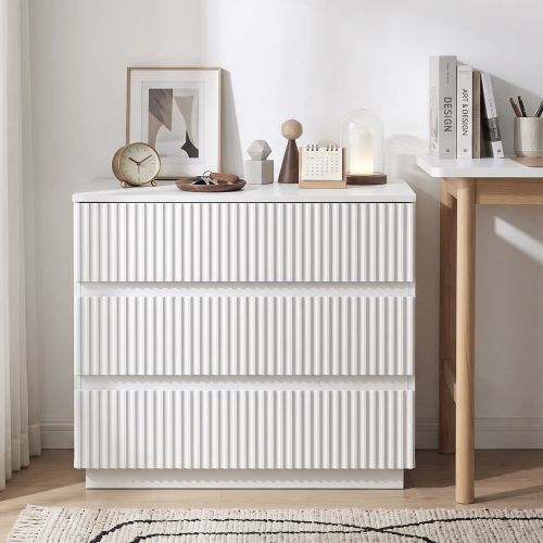 Handleless Grille-Finished 3-Drawer Bedside Table P2 Particleboard + MDF & Melamine Veneer + Thermoformed Drawer Dresser 23.62*12.99*22.05in White