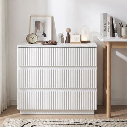 Handleless Grille-Finished 3-Drawer Bedside Table P2 Particleboard + MDF & Melamine Veneer + Thermoformed Drawer Dresser 23.62*12.99*22.05in White