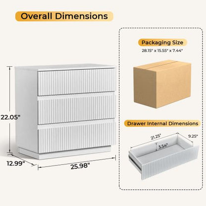 Handleless Grille-Finished 3-Drawer Bedside Table P2 Particleboard + MDF & Melamine Veneer + Thermoformed Drawer Dresser 23.62*12.99*22.05in White