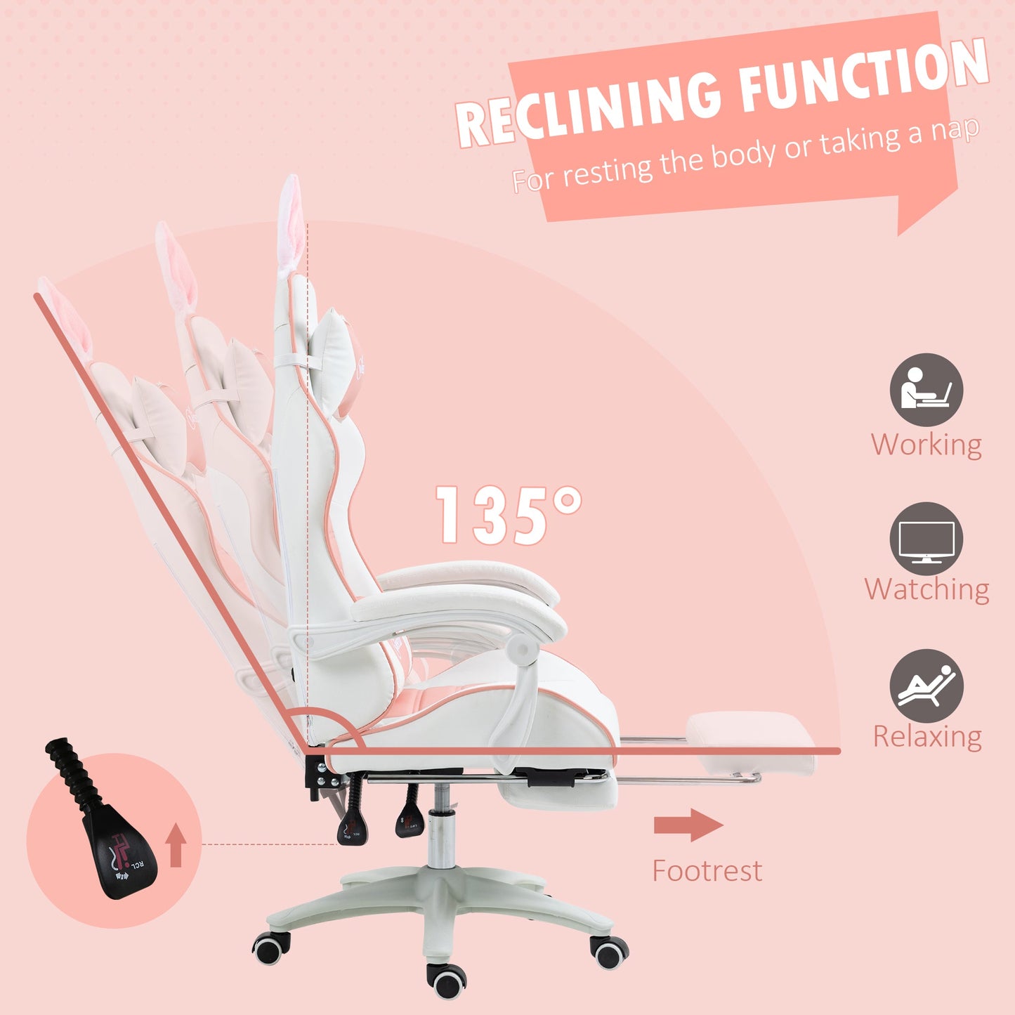 Vinsetto Racing Gaming Chair, Reclining PU Leather Computer Chair with Removable Rabbit Ears, Footrest, Headrest and Lumber Support, Pink
