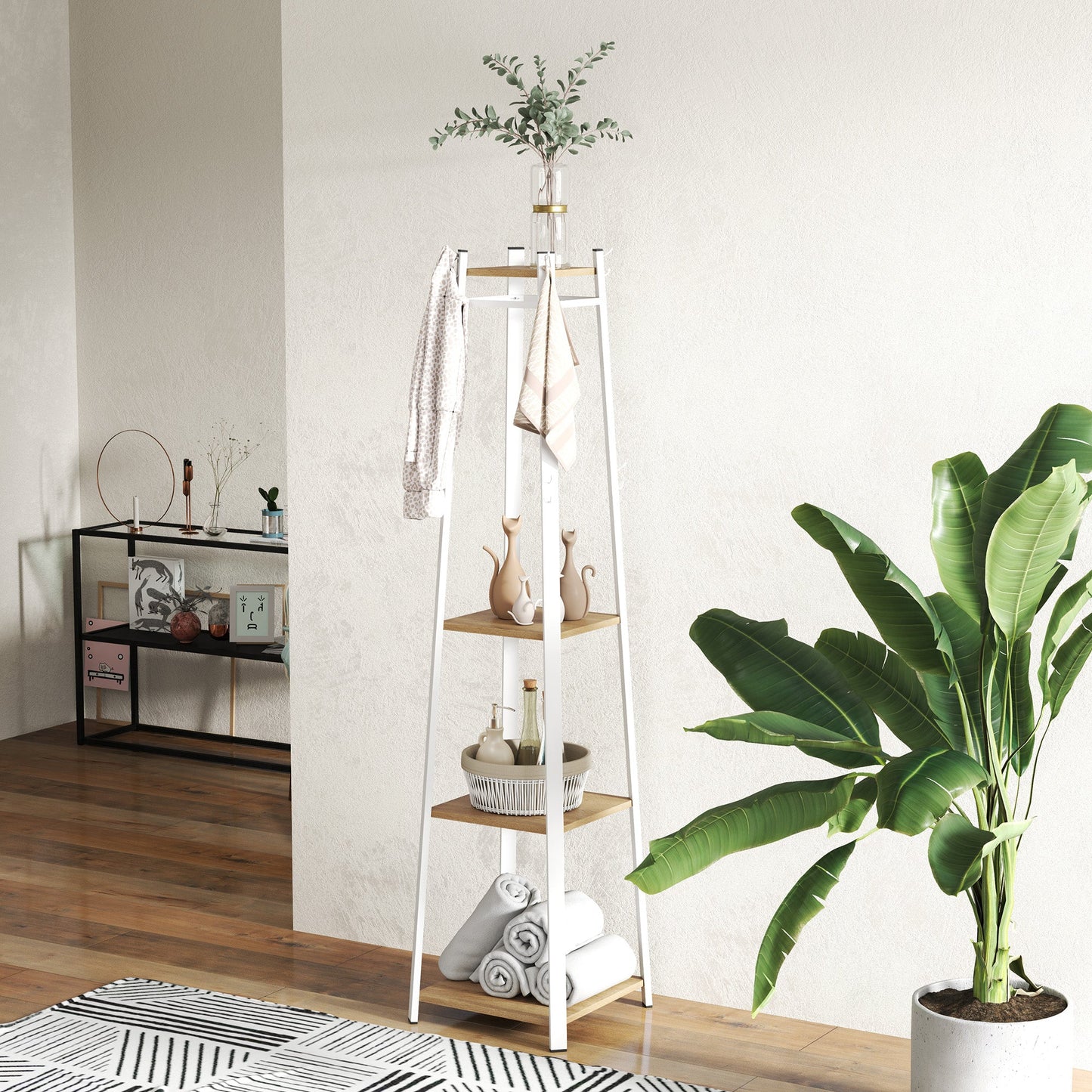 HOMCOM Compact Freestanding Coat Rack -  White/Oak