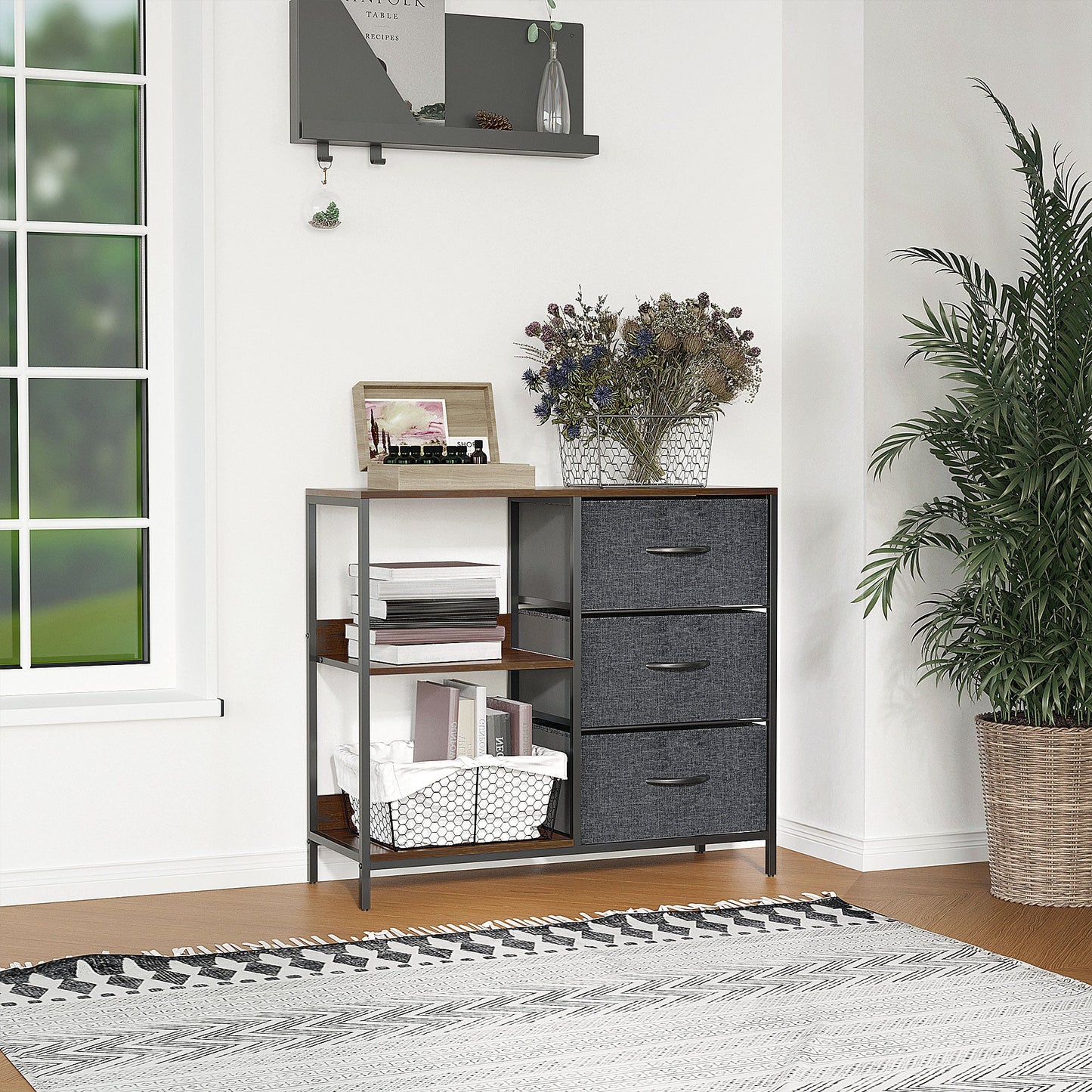 HOMCOM Chest of Drawers Storage  Dresser Cabinet Organizer with 3 Fabric Drawers and 2 Display Shelves for Living Room, Bedroom, Hallway, Black