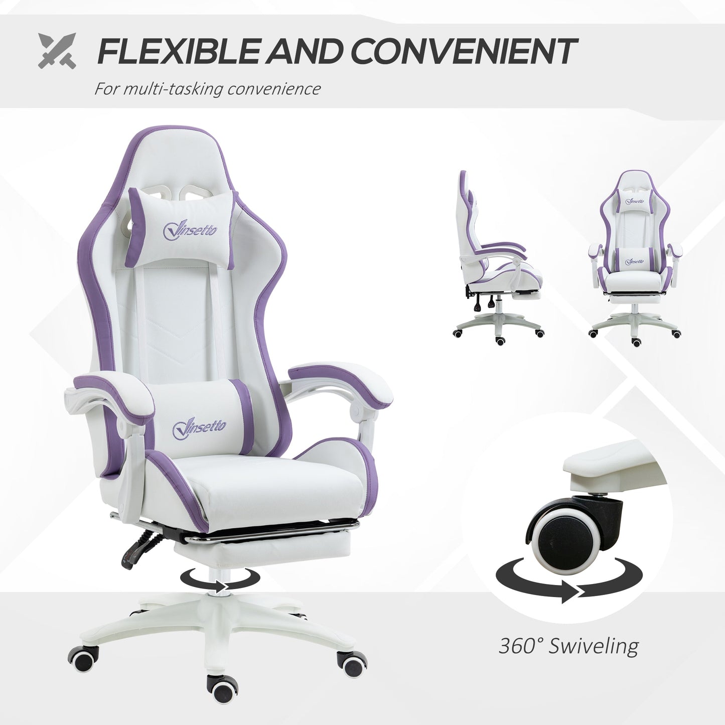 Vinsetto Computer Gaming Chair, PU Leather Desk Chair with Footrest, Swivel Task Chair with 135\'c2\'b0 Reclining Back and Lumbar Support, PC Chair for Adults, White and Purple