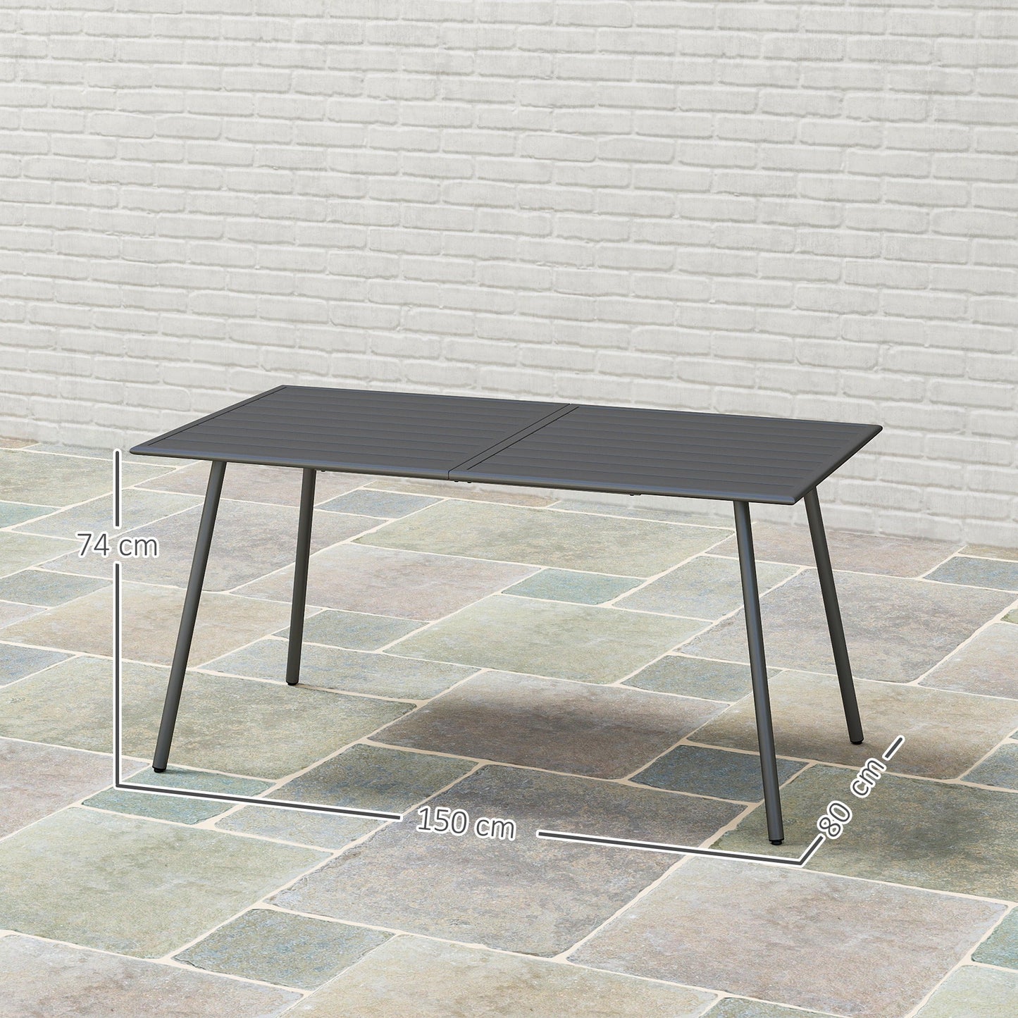 Outsunny Rectangle Garden Table with Slat Top, Steel Frame, Outdoor Table for 6 Person, 150 x 80 x 74 cm, Grey