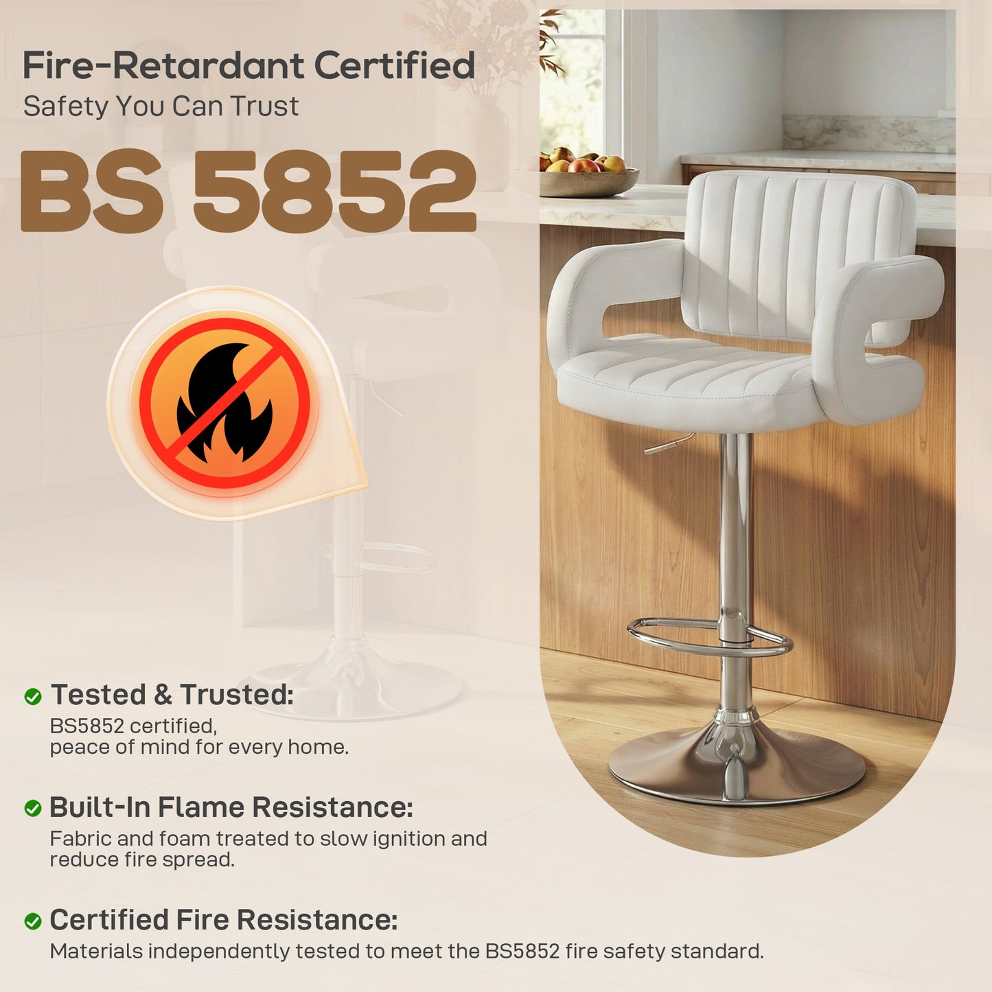 HOMCOM Bar Stools Adjustable Swivel Kitchen Chairs with Backrest Armrest Set of 2 PU Leather White