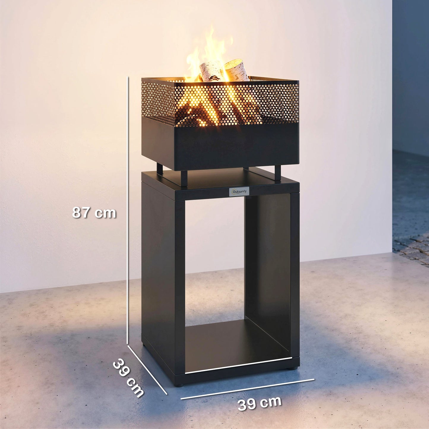 Outsunny Outdoor Fire Pit with Wood Storage Wood Burning Firepit with Mesh Sides 87 cm Black