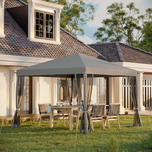 Outsunny 3 x 3\'c2\'a0m Pop Up Gazebo, 420D Garden Tent Canopy with Removable Mesh Sidewall Netting, Carry Bag for Garden Patio Outdoor, Light Grey