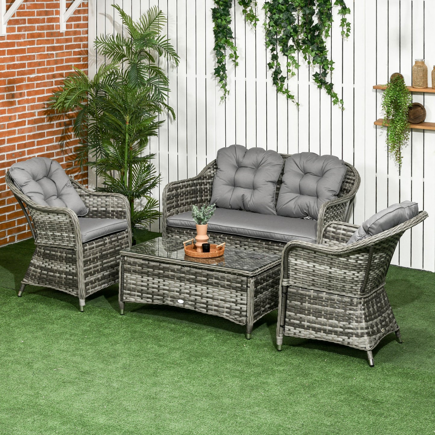 Outsunny Four-Piece Rattan Sofa Set, with Glass-Top Table - Mixed Grey