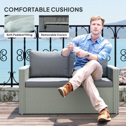 Outsunny 4 Piece Rattan Garden Furniture Set, 4 Seater Wicker Outdoor Sofa Set with 2 Armchairs, Loveseat, Acacia Wood Top Coffee Table, Cushions, Patio Conservatory Set for Balcony, Light Grey