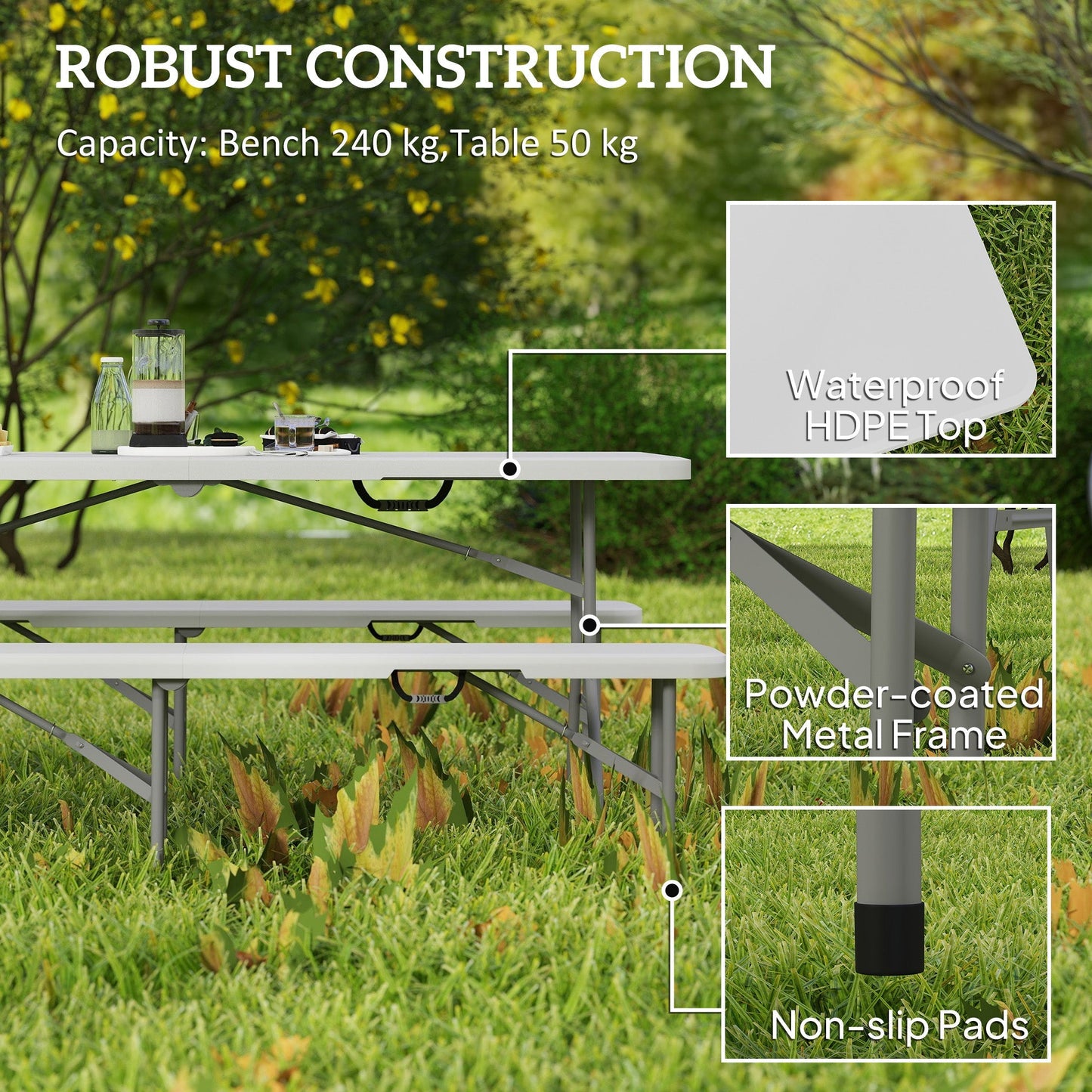 Outsunny 3 Piece 6ft Folding Picnic Table and Bench Set, Portable HDPE Camping Table and Chairs with Carrying Handles for Indoor Outdoor, Dining, Camping, Picnic, BBQ, Party, White