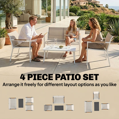 Outsunny 4 Seater Garden Furniture Set with Loveseat, Armchairs, Table, Metal Garden Sofa Set with Breathable Seats, Khaki