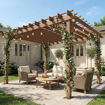 Outsunny 3 x 3 m Wooden Pergola Kit, Garden Pergola Gazebo Grape Trellis with Triangle Supports, Maple Wood-effect