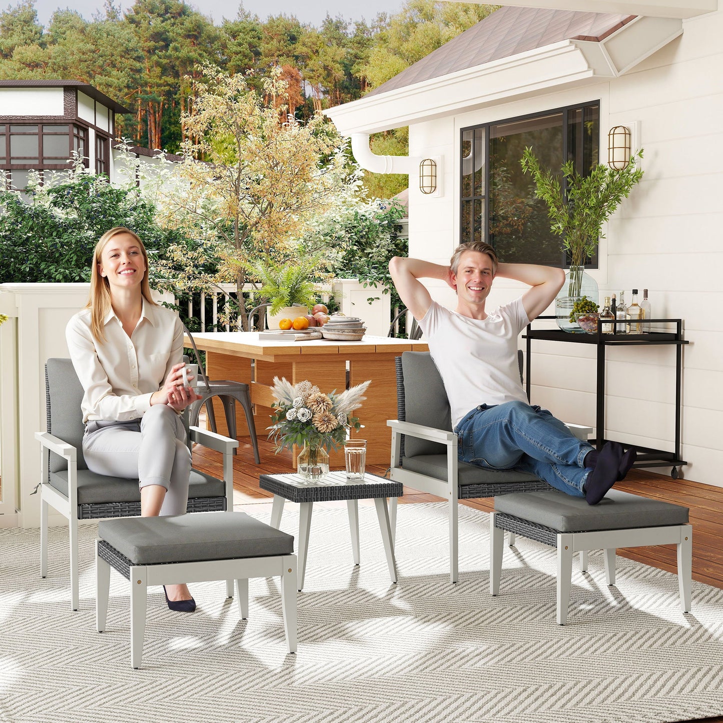 Outsunny 5 Pieces Rattan Garden Furniture Set, Patio Conversation Set with Cushions, Acacia Wood Top Coffee Table and Footstools, Outdoor Table and Chairs for Balcony, Terrace and Conservatory, Grey
