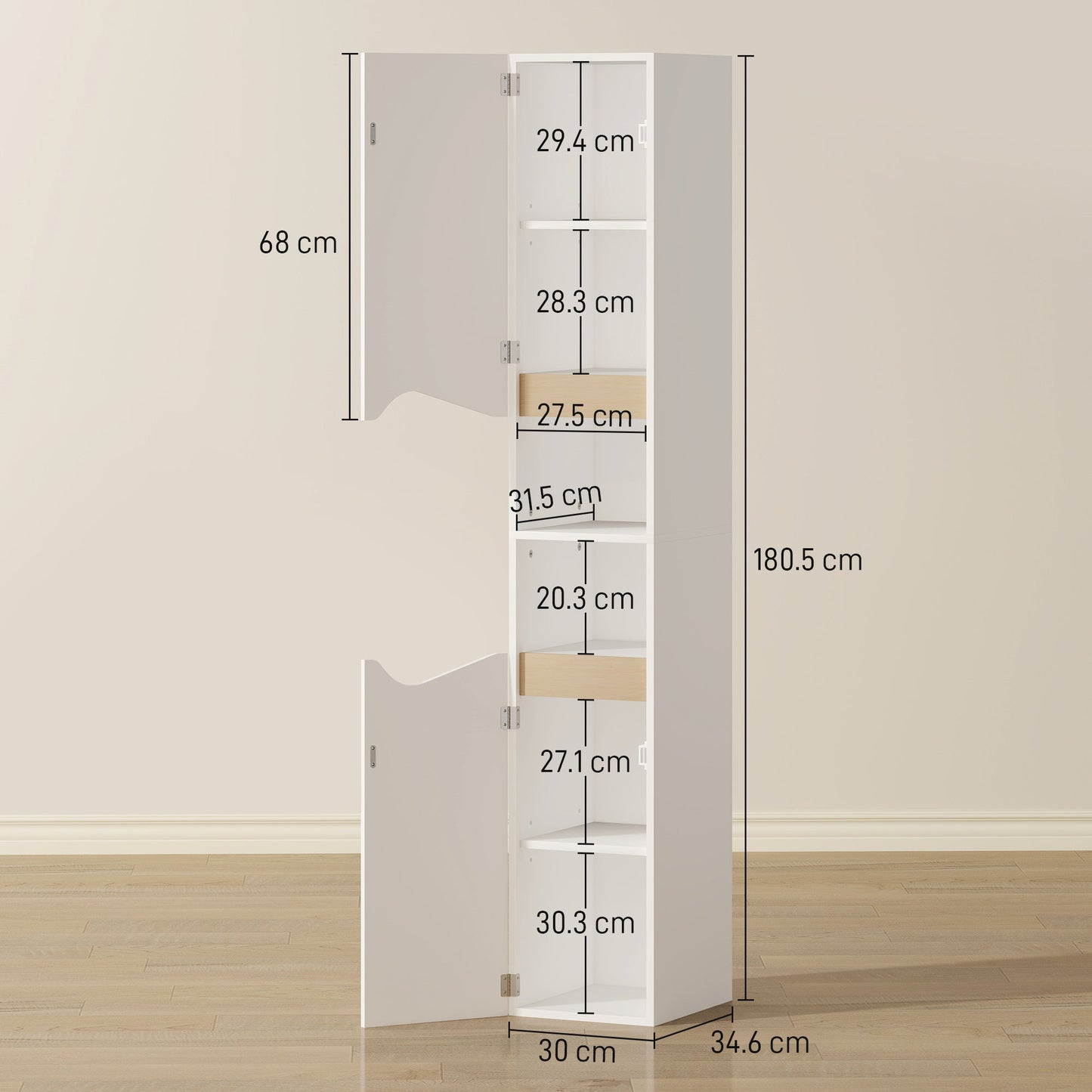HOMCOM Tall Slim Bathroom Cabinet with 2 Doors, 2 Shelves - White