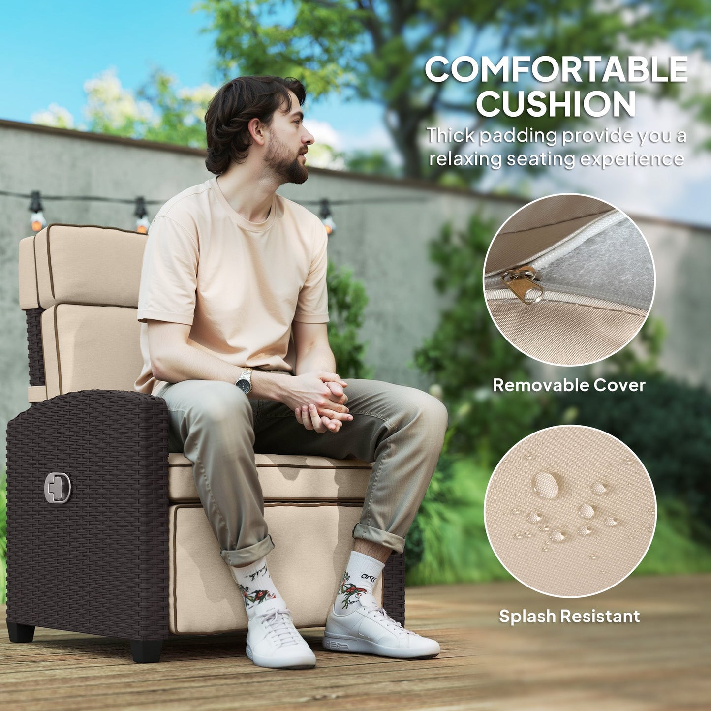 Outsunny Rattan Garden Recliner Chair, Adjustable Backrest Reclining Rattan Chair with Flip Table, Cushion and Footrest, Indoor Outdoor Lounge Reclining Sun Lounger for Patio, Dark Brown/Khaki