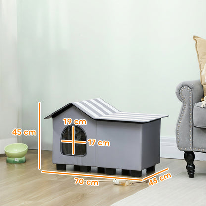 PawHut Outdoor Cat House, Weather Resistant Feral Cat Cave with Elevated Base and Cushion for Winter, Grey