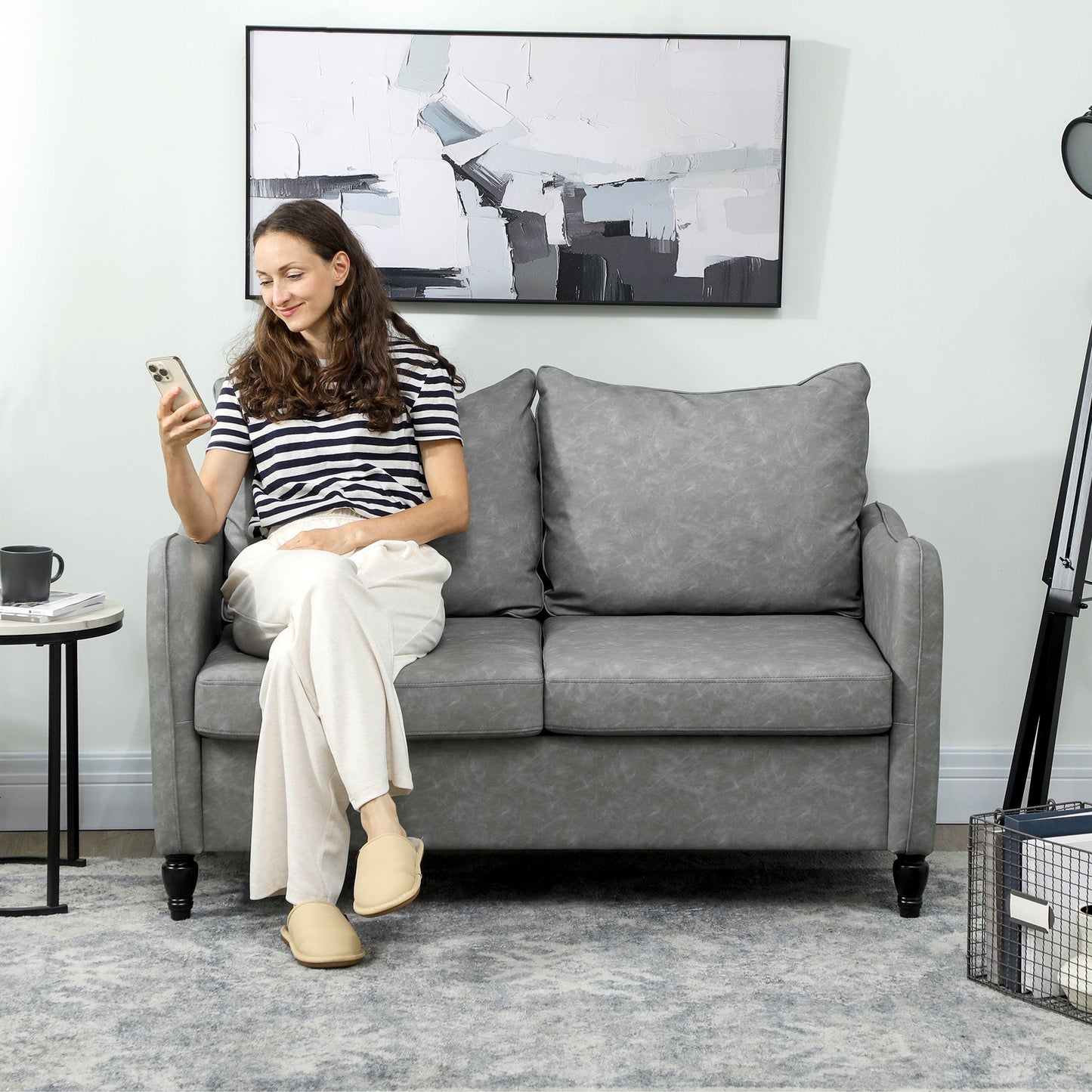 HOMCOM Faux Leather Marble-Effect Two-Seater Sofa - Grey