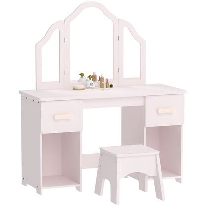 AIYAPLAY Kids Dressing Table, Kids Vanity Table and Chair Set with Tri-Folding Mirror, 2 Drawers, 2 Cabinets for Girls 3+, Pink