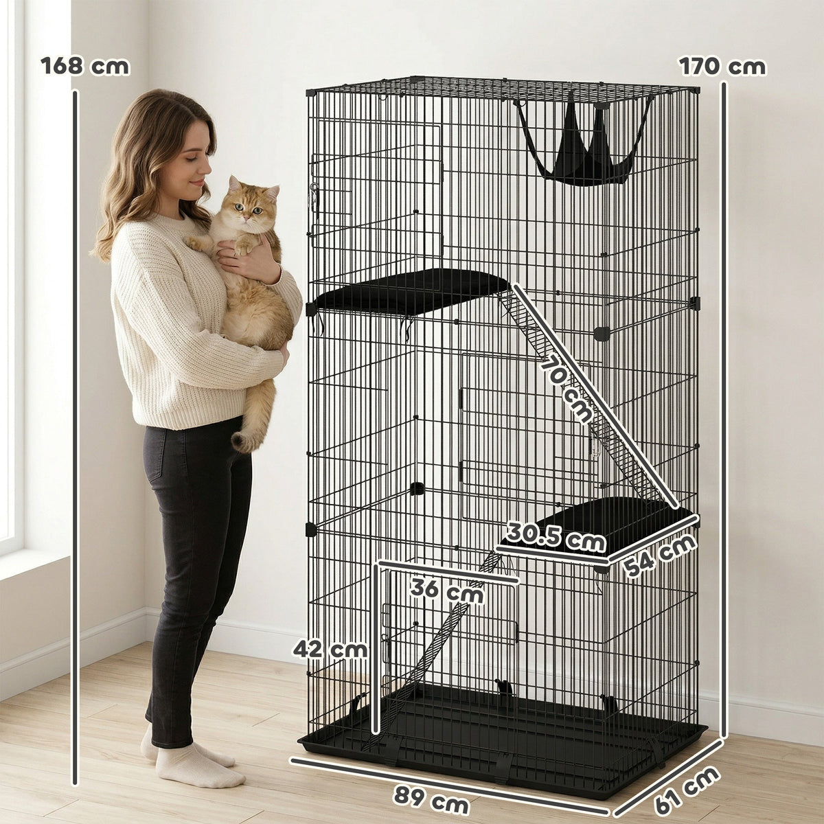 PawHut 3-Tier Large Cat Cage Indoor, Detachable Metal Wire Kennel with Hammock, Platforms, Tray and Cushions for 1-2 Kittens