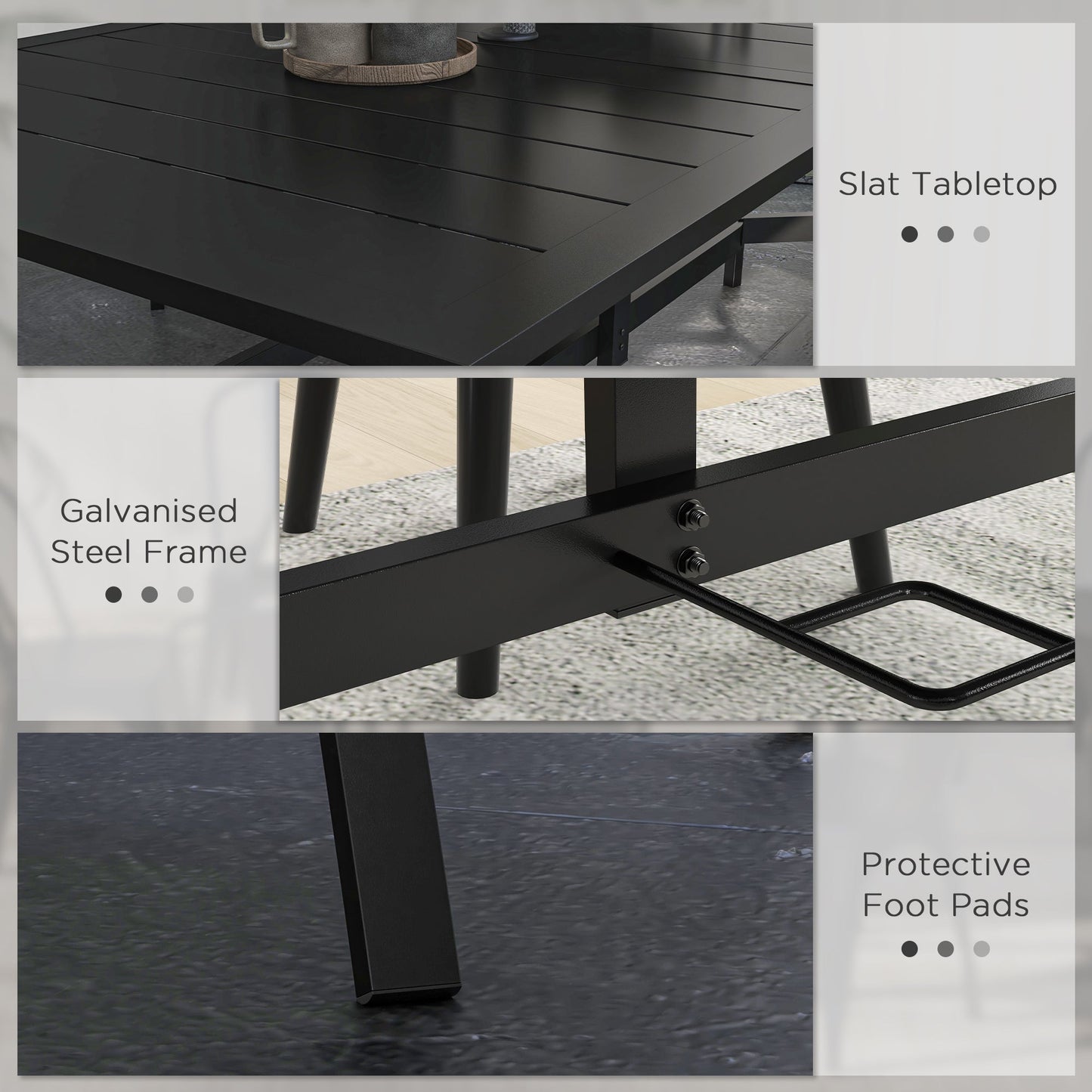 Outsunny Rectangle Garden Dining Table with Parasol Hole, Patio Table with Steel Frame and Slat Tabletop, 150cm x 90cm, Black