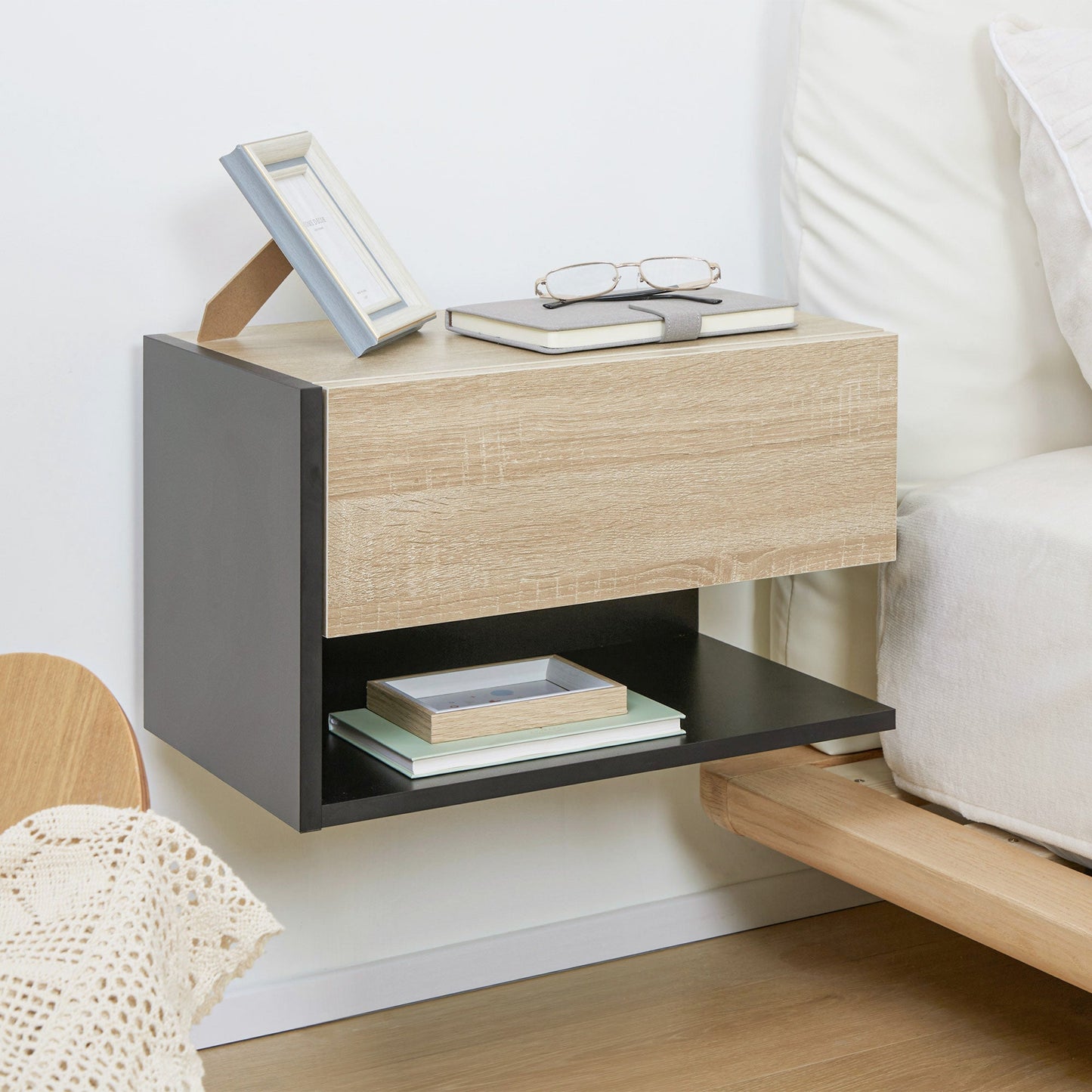 HOMCOM Floating Bedside Table Set of 2, Wall Mounted Bedside Cabinet with Drawer and Open Shelf, Modern Nightstand for Bedroom, 46 x 30 x 30 cm, Oak Tone