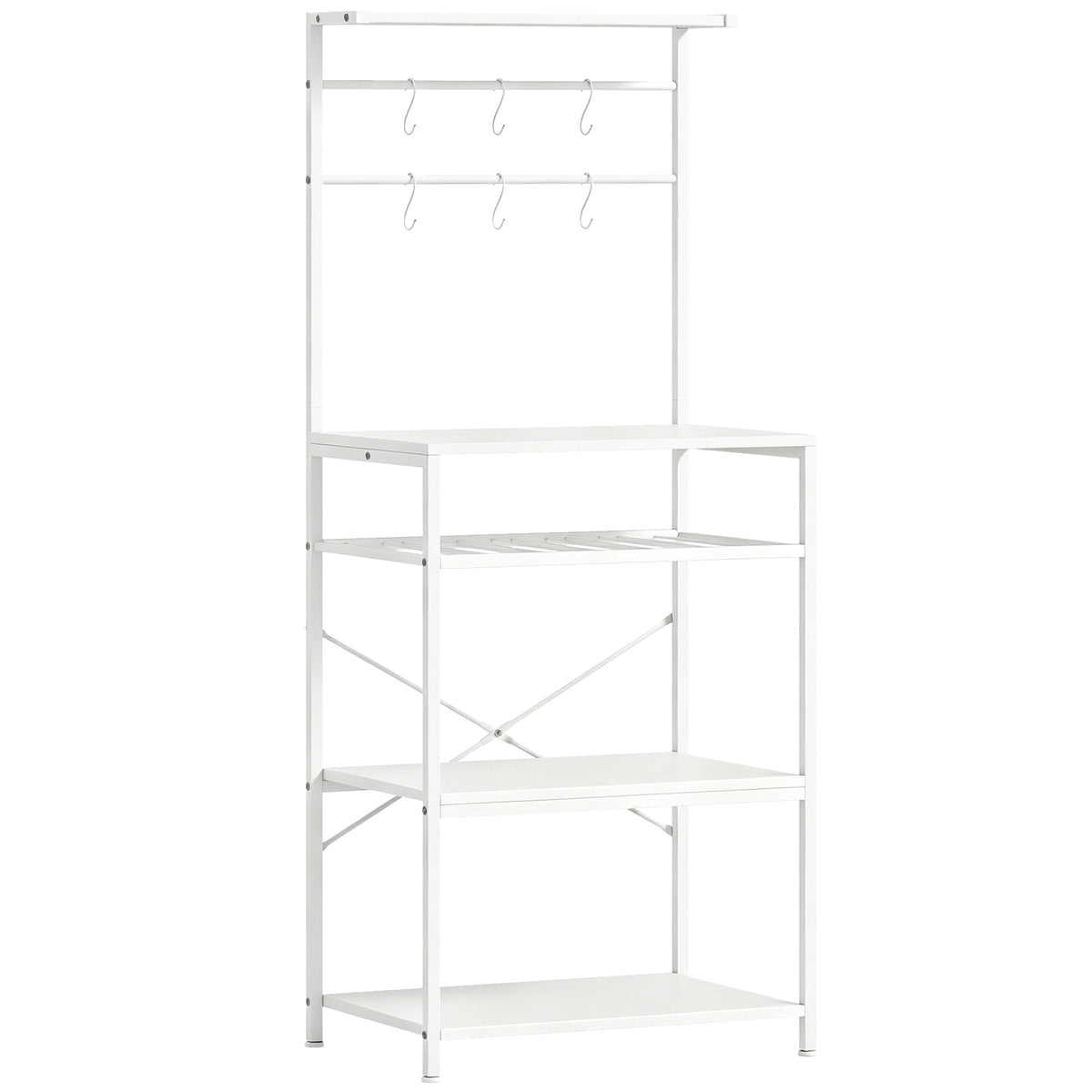 HOMCOM Freestanding Shelving Unit, Industrial Storage Shelf with 6 Hooks and Wine Rack for Living Room, Home Office, White