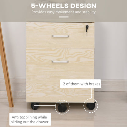 Vinsetto 2-Drawer Locking Office Filing Cabinet w/ 5 Wheels Rolling Storage Hanging Legal Letter Files Cupboard Home Organisation Oak Wood Grain