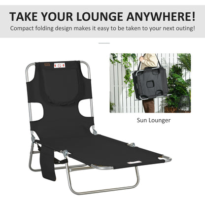 Outsunny Foldable Sun Lounger, Beach Chaise Lounge with Reading Hole, Arm Slots, 5-Position Adjustable Backrest, Side Pocket, Pillow for Patio, Garden, Beach, Pool, Black
