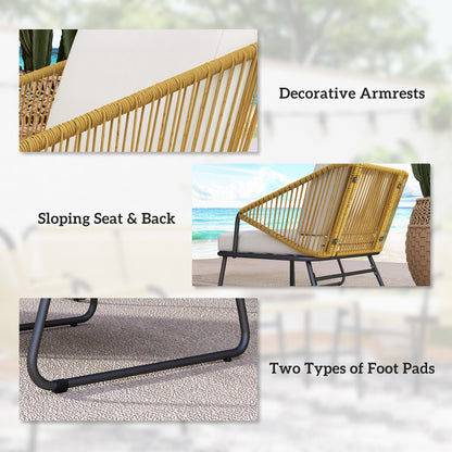 Outsunny 4 Piece Rattan Garden Furniture Set, Wicker Patio Outdoor Furniture Set with Loveseat, Armchairs, Glass Top Coffee Table and Cushions for Patio, Conservatory, Balcony, Natural Wood Finish