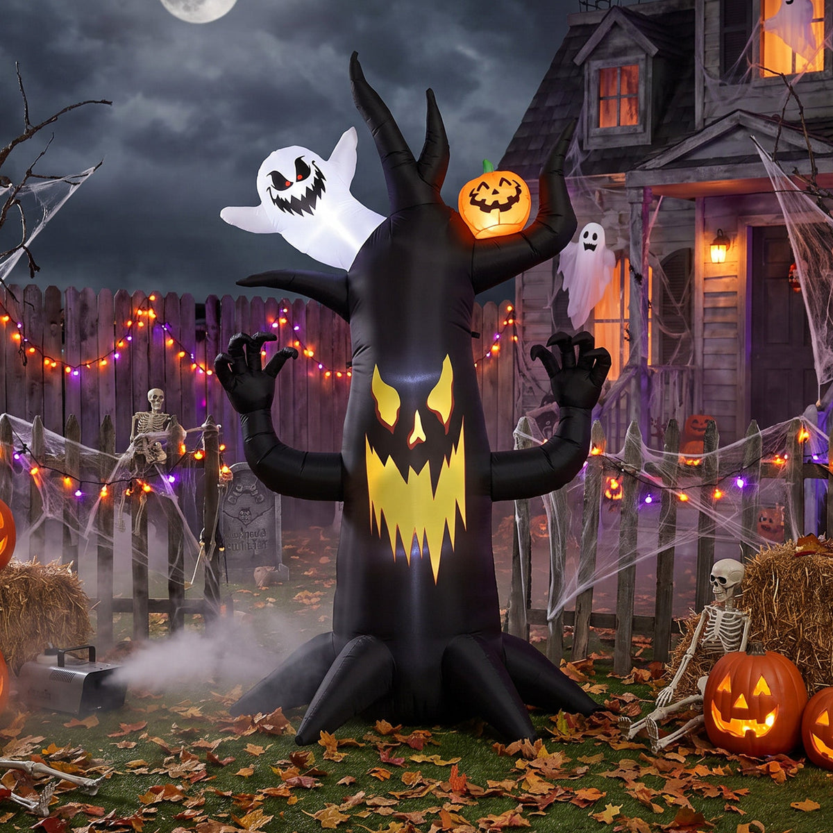 Outsunny 8 FT Halloween Inflatable Spooky Tree, Blow Up Decoration with Ghost and Pumpkin for Garden Indoor Outdoor Decor