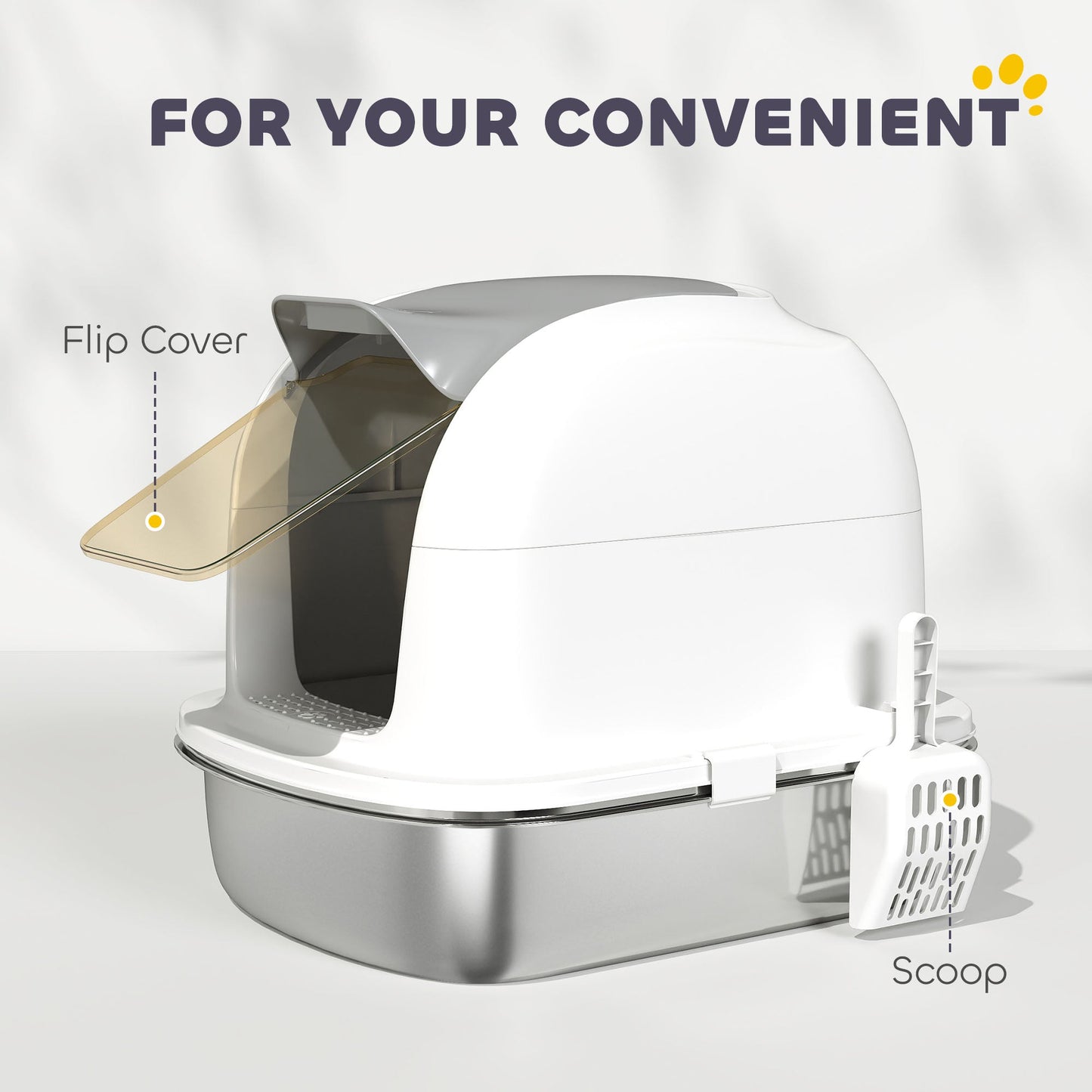 PawHut Stainless Steel Cat Litter Box with Lid, for Cats, Enclosed Cat Litter Box with Flip Cover, Scoop