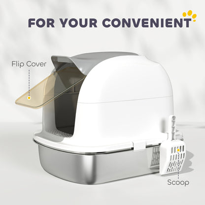 PawHut Stainless Steel Cat Litter Box with Lid, for Cats, Enclosed Cat Litter Box with Flip Cover, Scoop