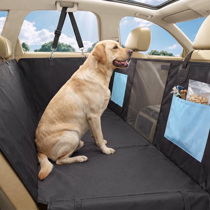 PawHut Dog Car Seat Cover, Waterproof Dog Travel Hammock w/ Non-Slip & Anti-Scratch Surface, Mesh Window and Pockets, Blue