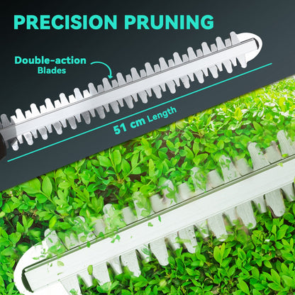 Outsunny Cordless Hedge Trimmer, Electric Hedge Cutter with 51cm Blade, Brushless Motor and 2 Batteries for Branches, Shrubs, Twigs, Blue