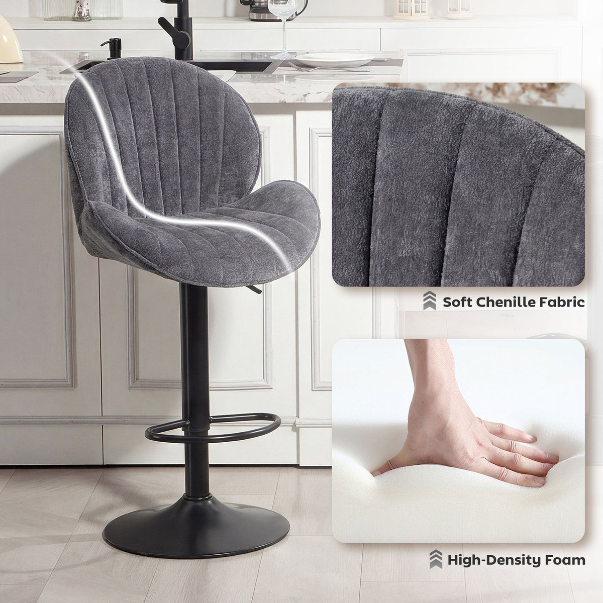 HOMCOM Bar Stools Set of 2, Swivel Barstools with Back, Adjustable Height and Footrest for Kitchen Island, Dining Room, Grey