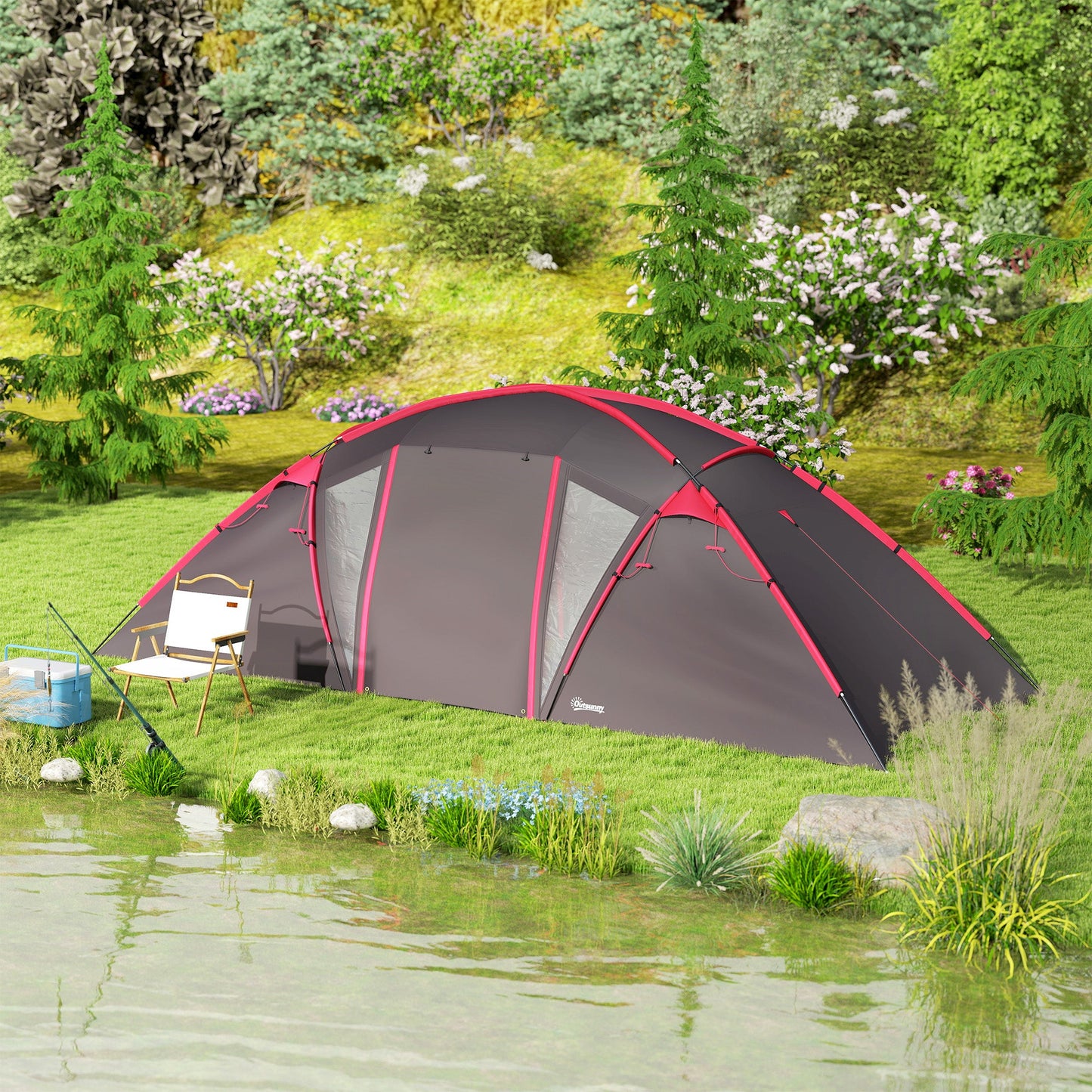 Outsunny 4-6 Man Family Camping Tent w/ 2 Bedrooms and a Living Room, Waterproof Tunnel Tent w/ Sewn In Groundsheet, Doors, Windows, Carry Bag, Grey
