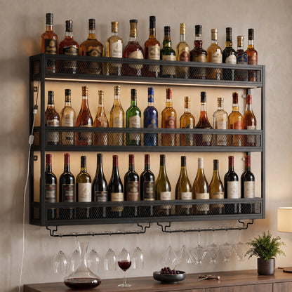 HOMCOM Wall-Mounted Wine Rack with LED Lights, Glass Holders, Open Shelf, Metal Storage Rack, Black