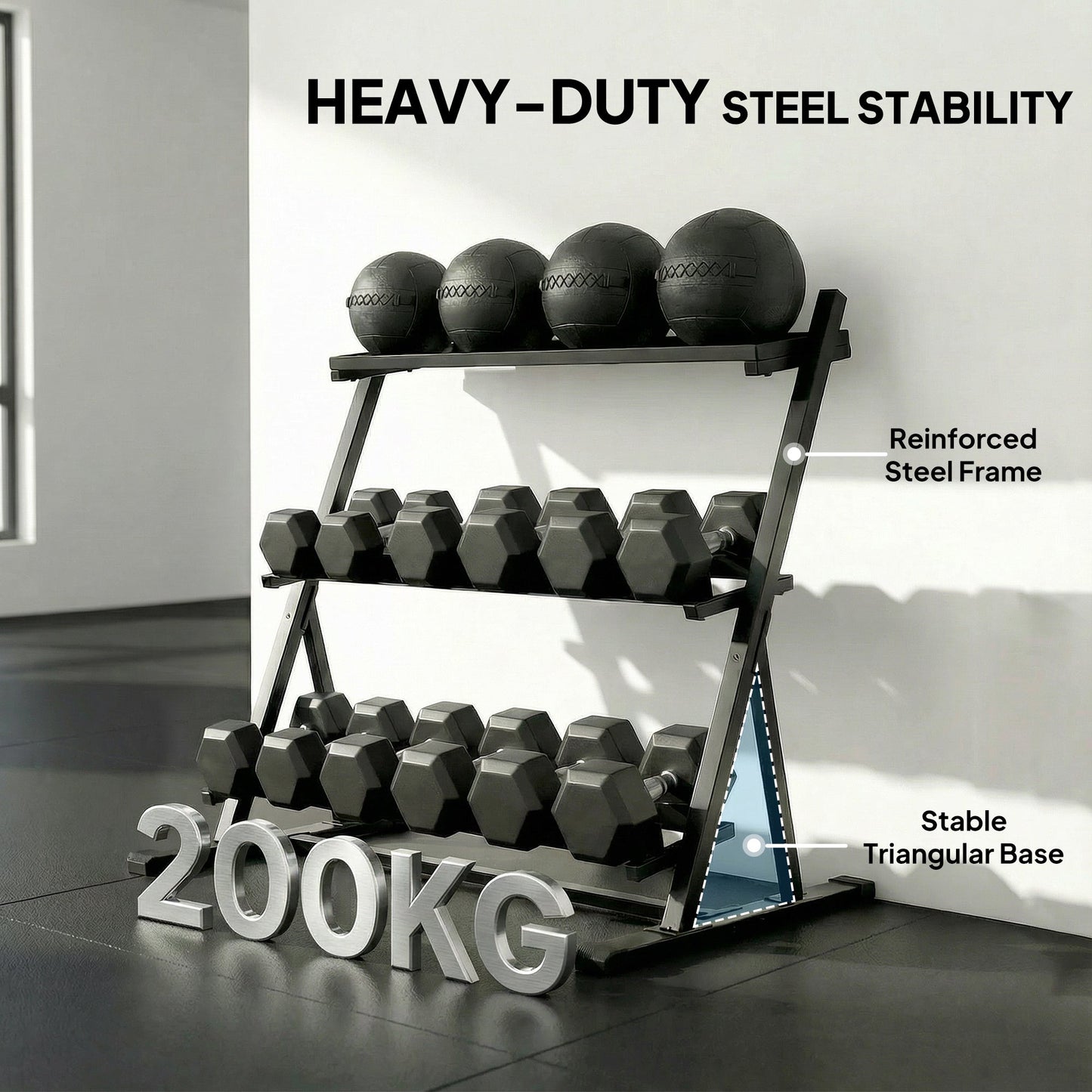 SPORTNOW 3-Tier Adjustable Dumbbell Rack, Heavy-Duty Weight Rack for Dumbbells, Kettlebells and Multiple Balls, Space-Saving Weight Storage Stand for Home Gym, 200 KG Capacity