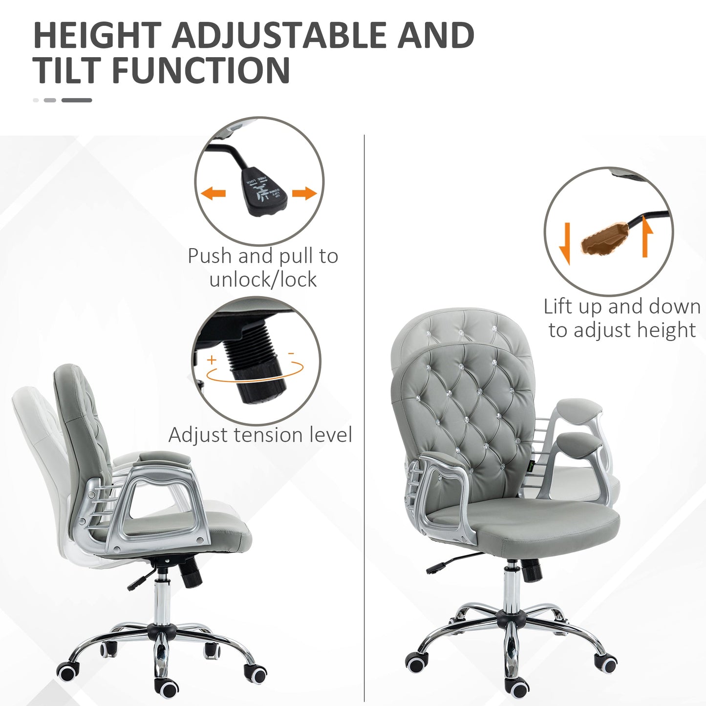 Vinsetto Office Chair Ergonomic 360\'c2\'b0 Swivel PU Diamante Padded Base 5 Castor Wheels for Home Work Grey