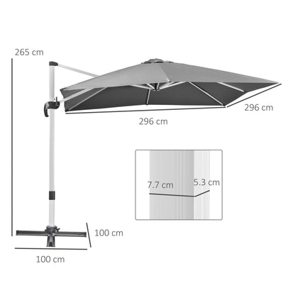 Outsunny 3 x 3(m) Cantilever Roma Parasol, Square Garden Umbrella with Cross Base, Crank Handle, Tilt, 360\'c2\'b0 Rotation and Aluminium Frame, Grey